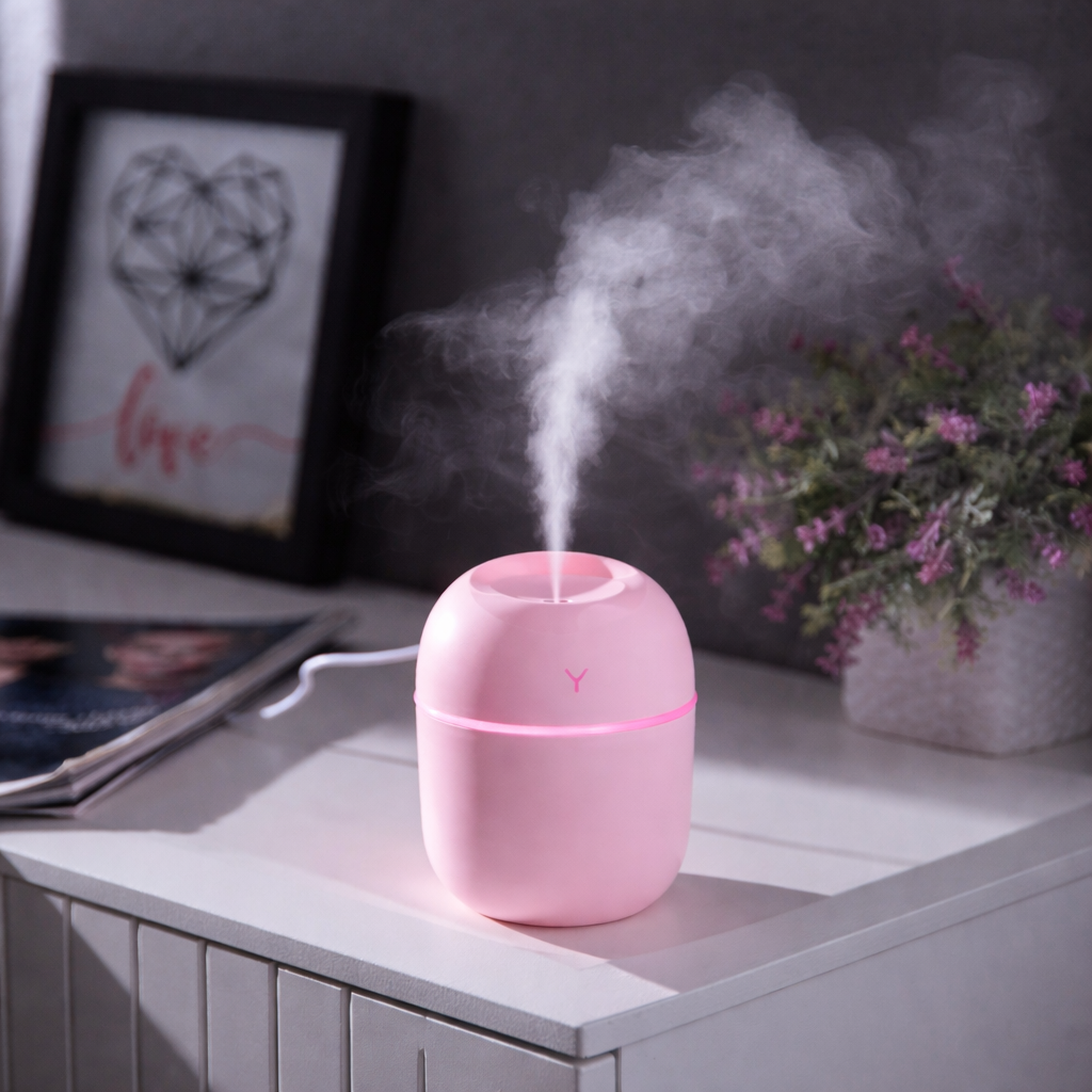 Рожевий ультразвуковий міні зволожувач повітря USB Humidifier з підсвічуванням