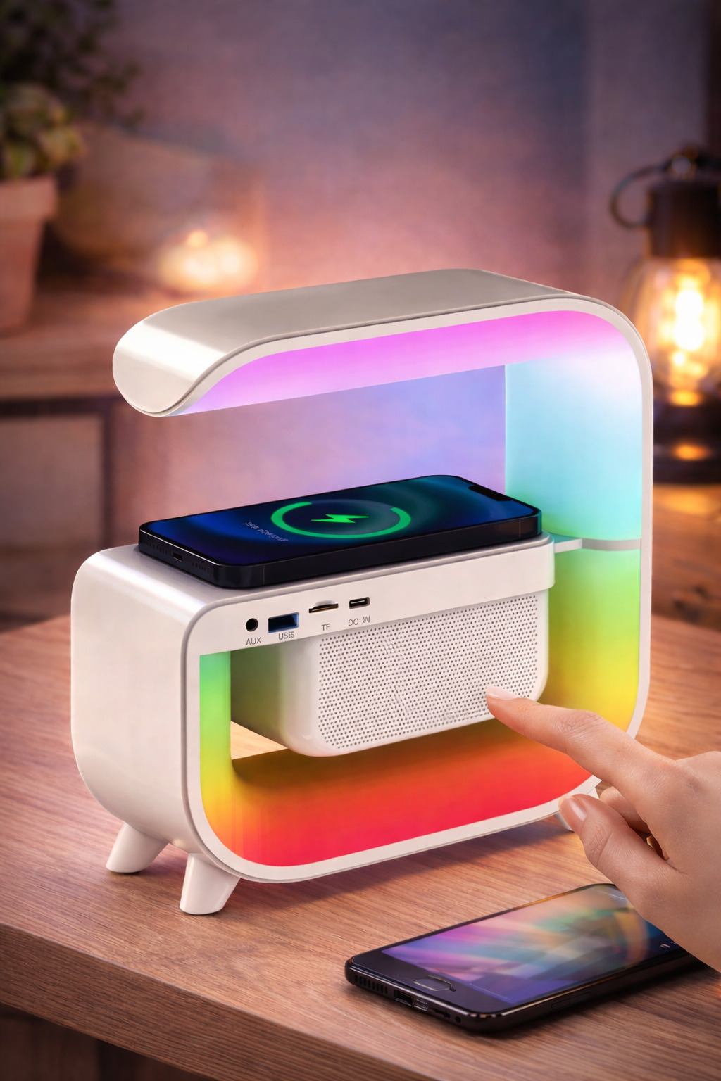 Нічний акумуляторний RGB G 3 з бездротовою зарядкою 15W і Bluetooth колонкою 3W Настільна смарт лампа