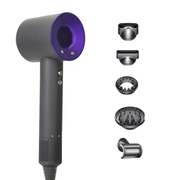 Фен з 5 різними насадками для швидкого сушіння та завивки волосся hair dryer fan сіро-фіолетовий