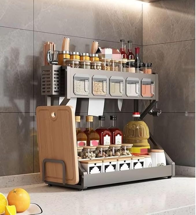 Органайзер для приправ Glaceon Spice Rack, двоярусна стійка для посуду + спецівниця, багатофункціональна сушарка посуду та спецій, містка полиця для спецій з кухонними шафами
