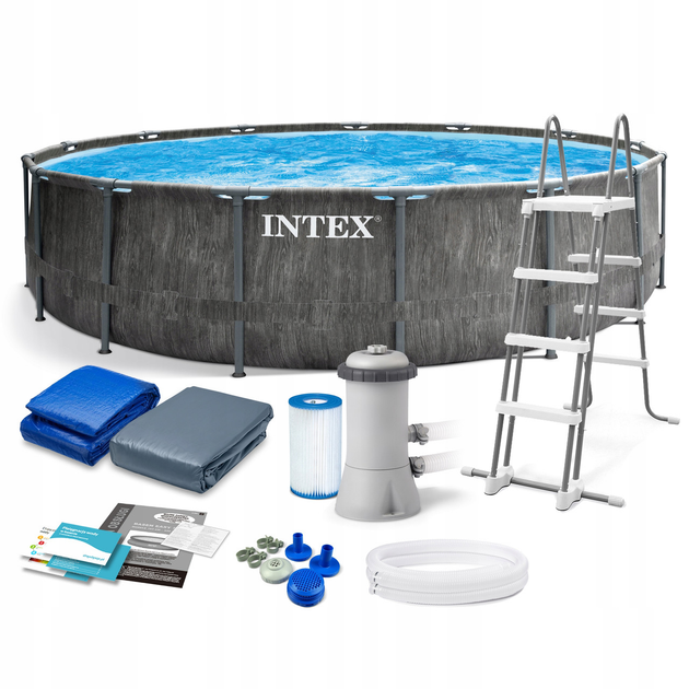 Каркасний басейн Intex 26742, 457 x 122 см + фільтр-насос + сходи + тент + підстилка