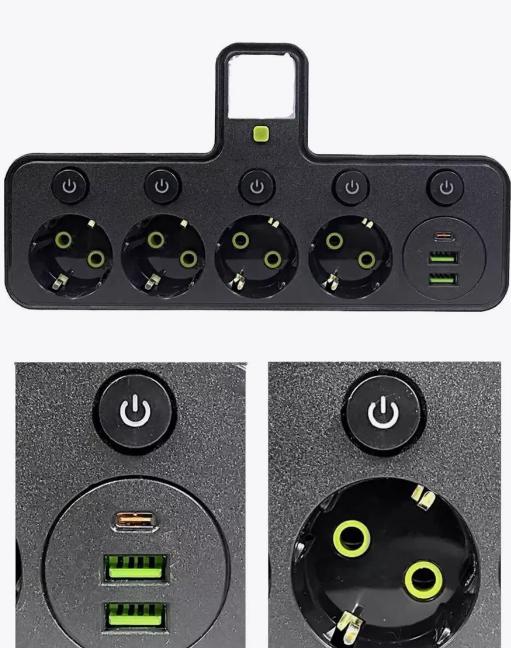 Розетка 9-в-1 європейського стилю з вимикачем, зарядним пристроєм USB та вогнестійкою/вибухозахищеною конструкцією для кухні, вітальні, спальні, офісу, 4 порти з USB