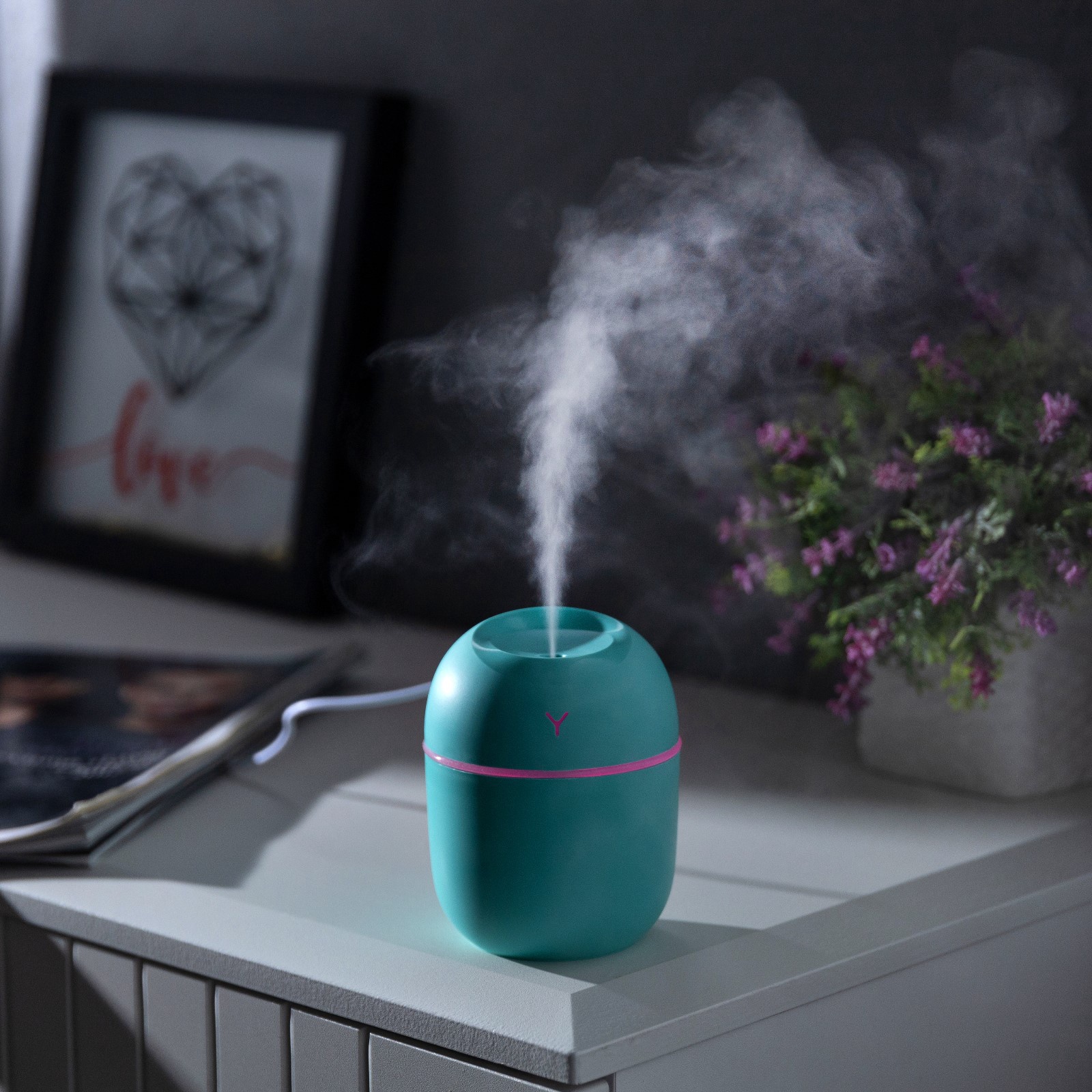 Бірюзовий ультразвуковой мини увлажнитель воздуха USB Humidifier с подсветкой