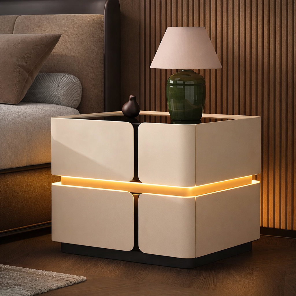 Приліжкова тумба з екошкіри з LED підсвічуванням, USB, датчик освітлення, бездротова зарядка, Bluetooth-аудіо Біла