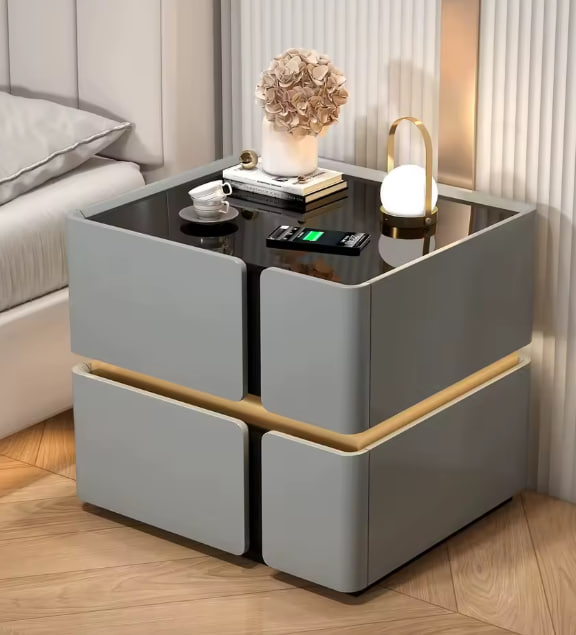 Приліжкова тумба з екошкіри з LED підсвічуванням, USB, датчик руху, бездротова зарядка, Bluetooth-аудіо Сіра