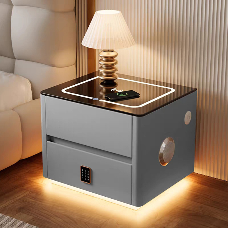 Тумба QYJXF02 з екошкіри з LED підсвічуванням, USB, датчик руху, бездротова зарядка, Bluetooth-аудіо Сіра