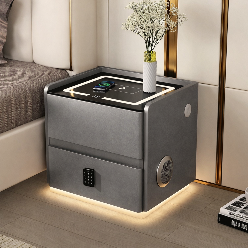 Тумба YJXF01 з екошкіри з LED підсвічуванням, USB, датчик руху, бездротова зарядка, Bluetooth-аудіо Сіра 50х40х47см