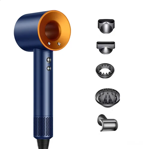 Фен з 5 різними насадками для сушіння та укладання hair dryer fan синій
