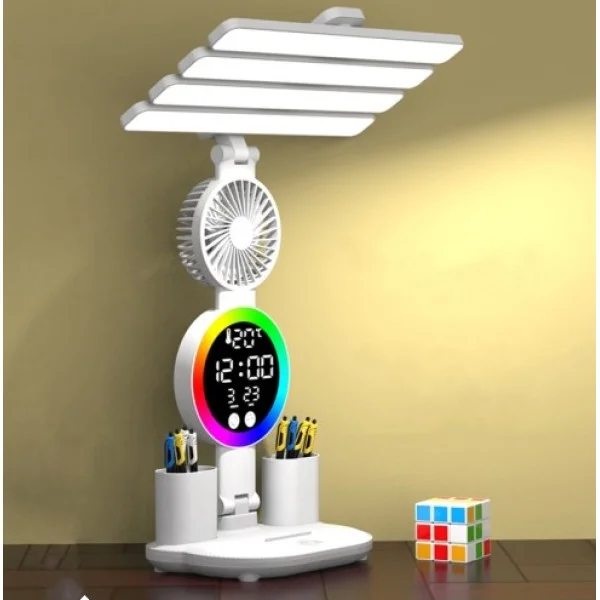 Акумуляторна LED лампа / Настільна лампа з 4 плафонами, RGB-підсвічуванням, годинником та вентилятором