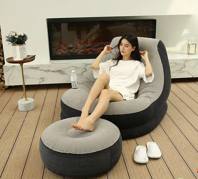 Надувний диван з пуфом Air Sofa / Надувне велюрове крісло з пуфом+насос Бежевий