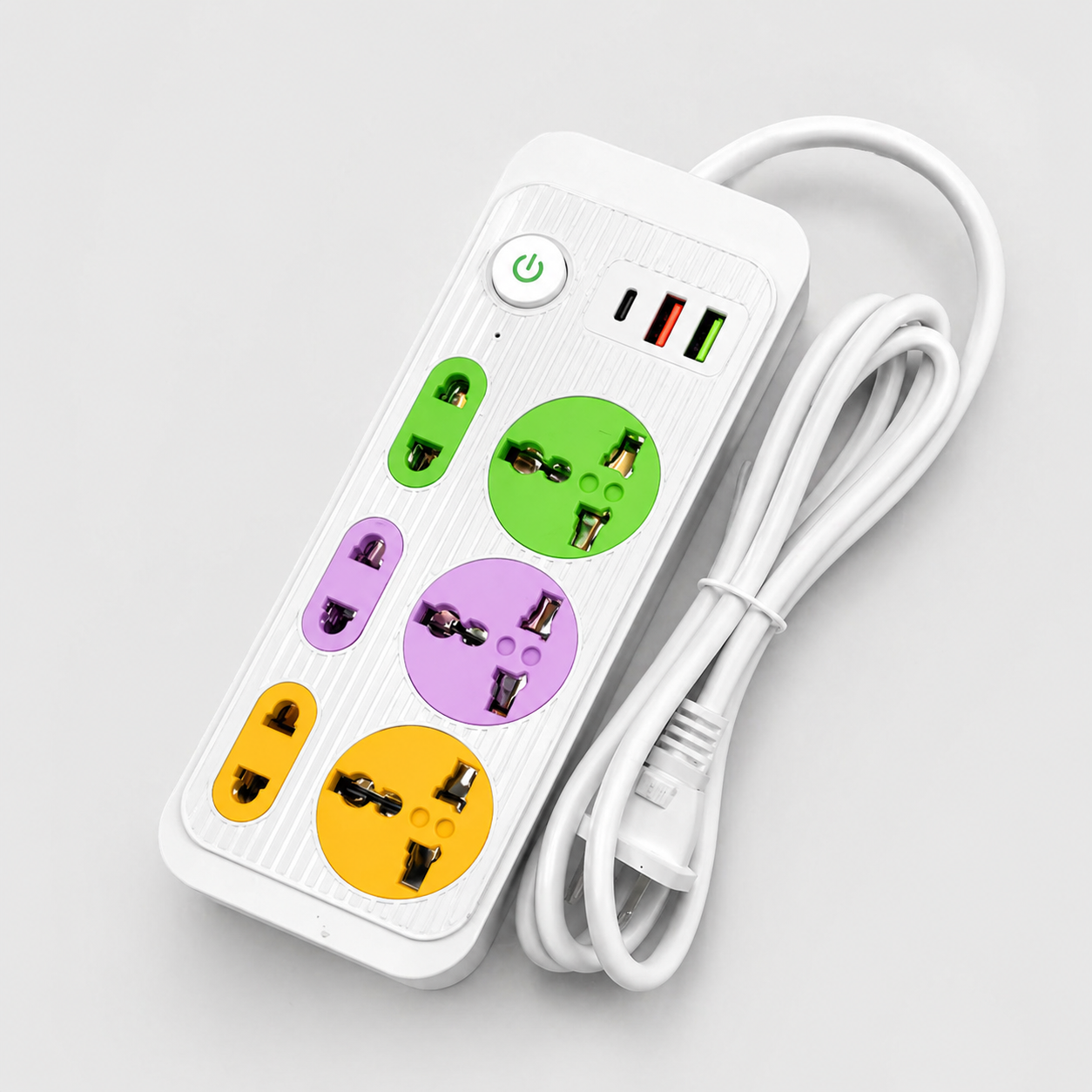 Мережевий фільтр 2м, 2500Вт, 6×220В, 2×USB, 1×Type, WL-1 / Подовжувач з вимикачем кольоровий
