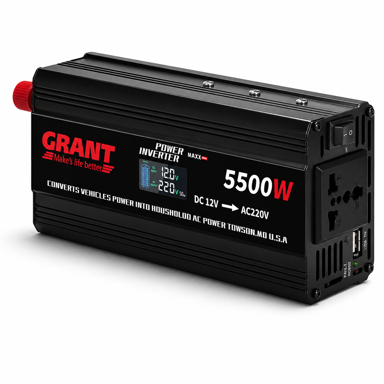Автомобільний інвертор із LCD-екраном GRANT Power Maxx 5500W (12V → 220V)