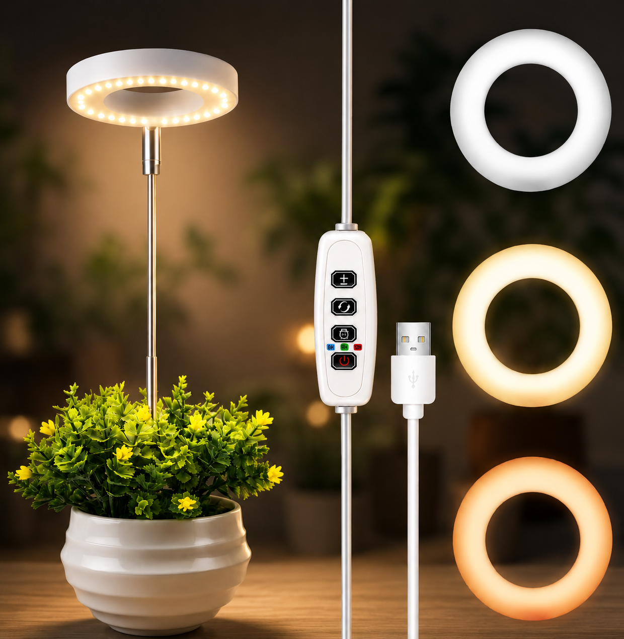 Світлодіодна кільцева фітолампа USB / Світлодіодна лампа для вирощування рослин, що димується, з таймером