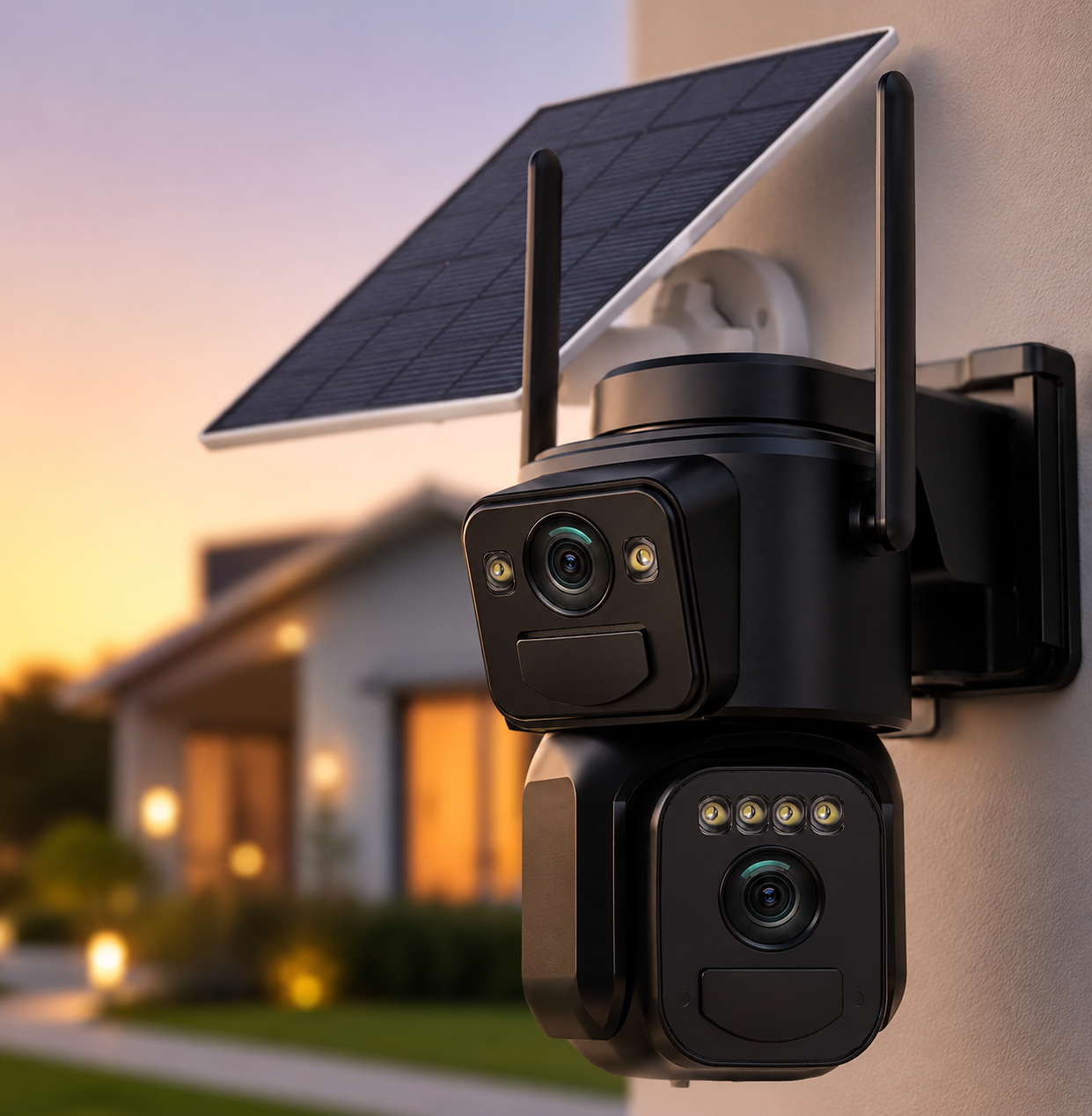 Вулична камера з двома об'єктивами та сонячною панеллю 360° 1080P WiFi (сигналізація, прожектор, датчик руху, нічне бачення та двостороннє аудіо)