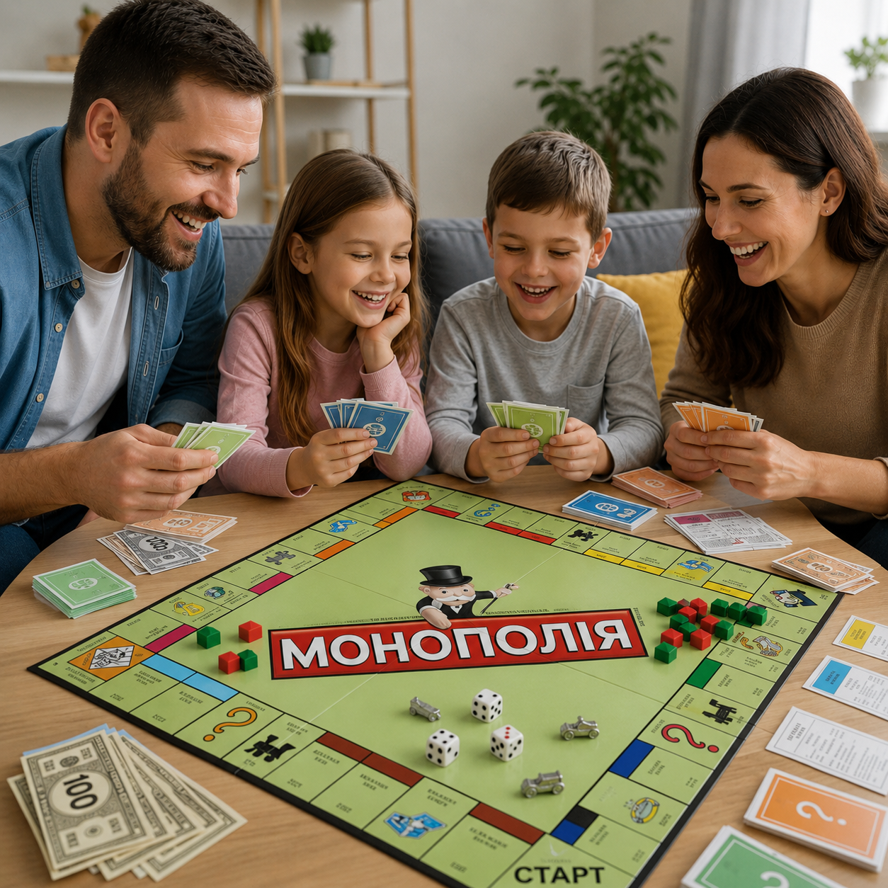 Настільна гра Монополія / Настільна гра для компанії, дітей та дорослих / Гра Монополія жетони, картки, гроші, фігурки будівель, кубики