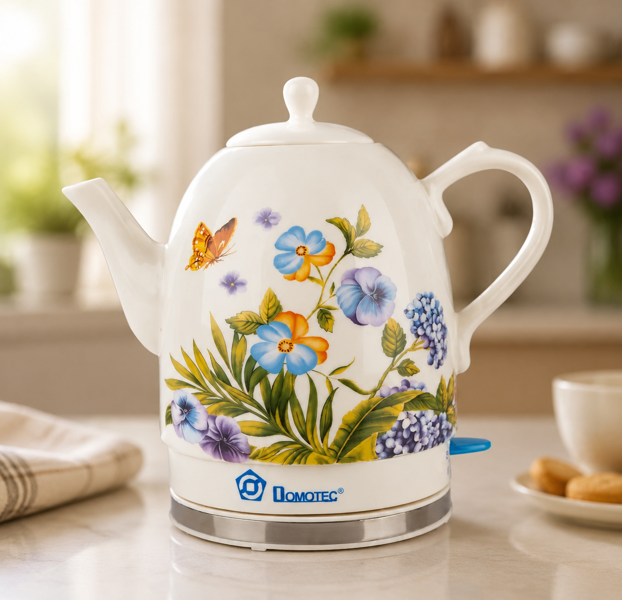 Керамічний електрочайник Domotec MS 505 / Дисковий електрочайник 1.7л. / Чайник з керамічним корпусом з квітами Білий