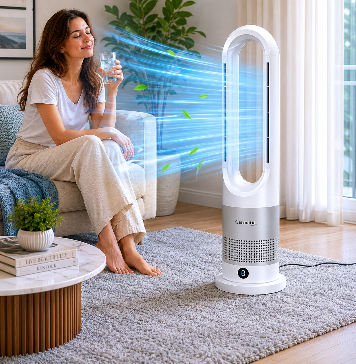 Мобільний безлопатевий вентилятор Germatic 2в1 автоповорот 80° / Кондиціонер зима-літо AM-030JR 1200W+ пульт ДУ