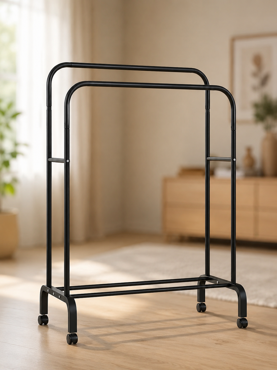 Подвійна стійка для одягу та взуття Loft Rack сталева на коліщатках ЧОРНИЙ / Вішалка подвійна розкладна зі стопорами та полицями для взуття 150х110х57 см