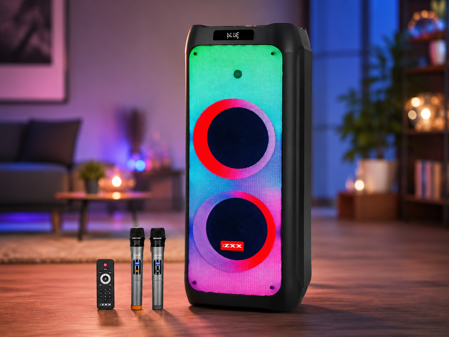 Портативна акустика ZXX-5590 100Вт / Bluetooth Колонка 88х32х32см / Акумуляторна, акустична система / Караока колонка з підсвічуванням + 2 мікрофони