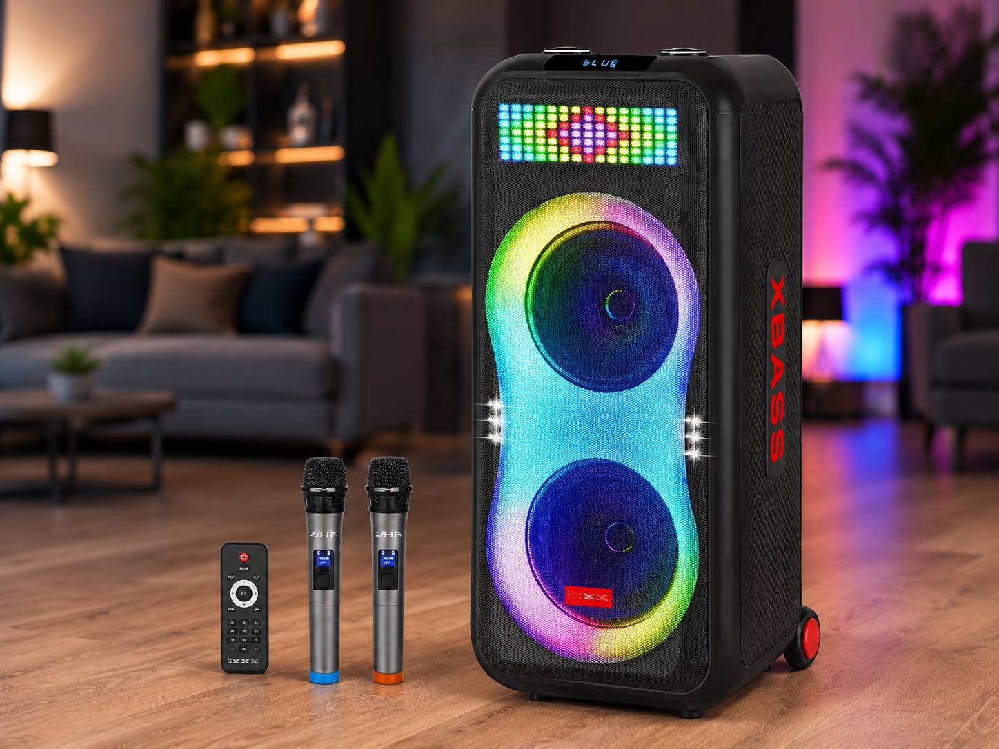 Портативна акустика ZXX-1510 / Караоке колонка 100Вт / Переносна акустична колонка з LED підсвічуванням + 2 мікрофони / Подвійна 10-дюймова акустична переносна колонка