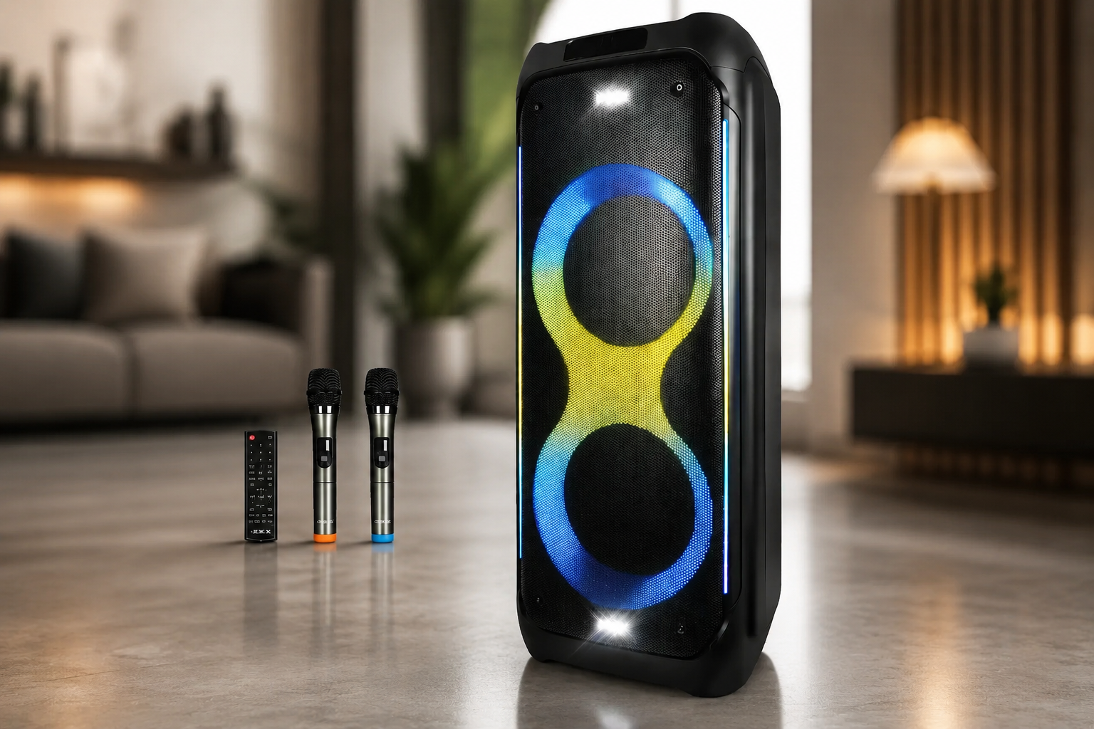 Портативна акустика ZXX-5580 / Колонка з Bluetooth для караоке з мікрофонами / Акумуляторна колонка з RGB-підсвічуванням FM та TWS