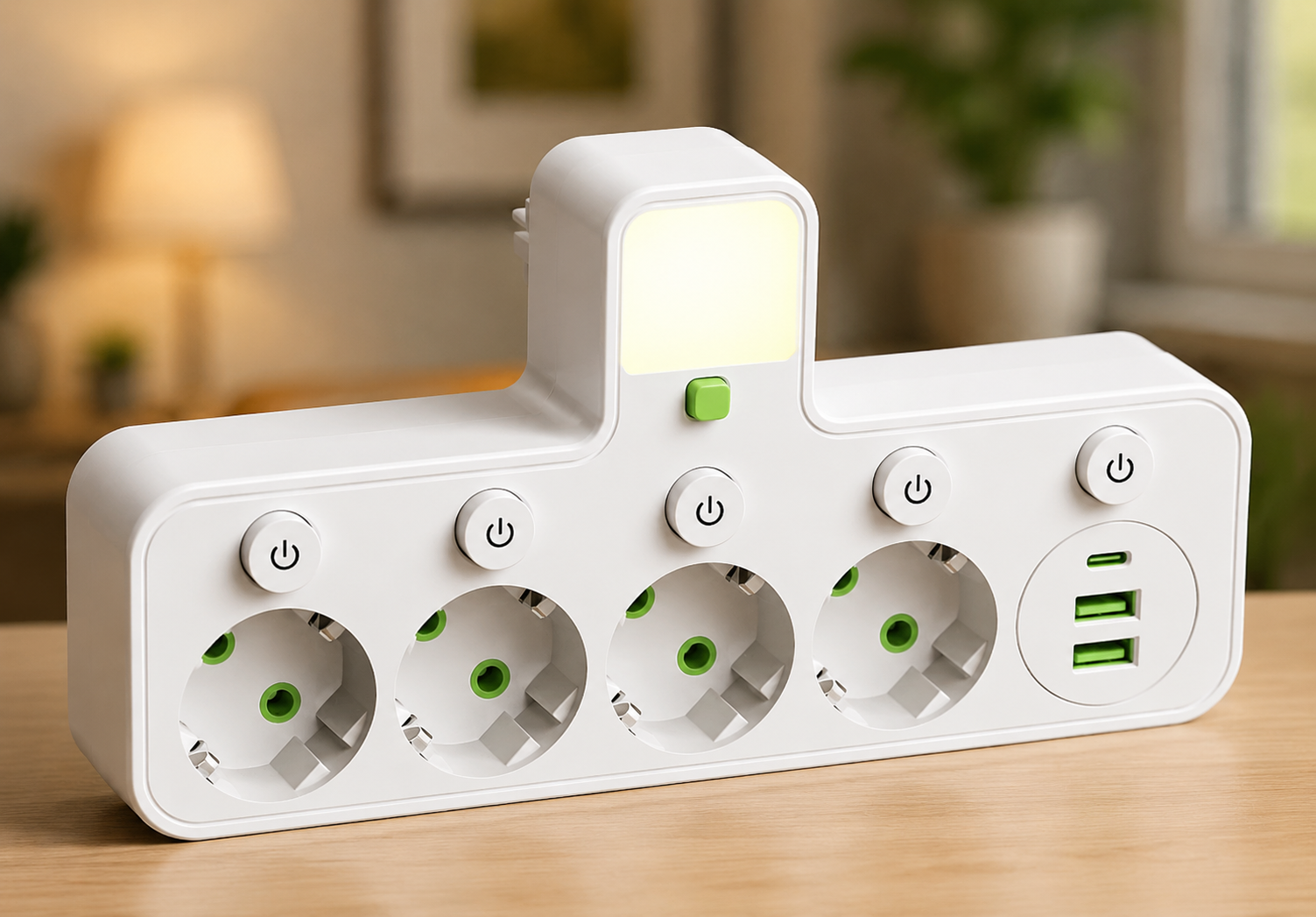 Мережевий фільтр 4 розетки + USB / адаптер на 4 розетки + USB з індивідуальними кнопками та LED-підсвічуванням Білий