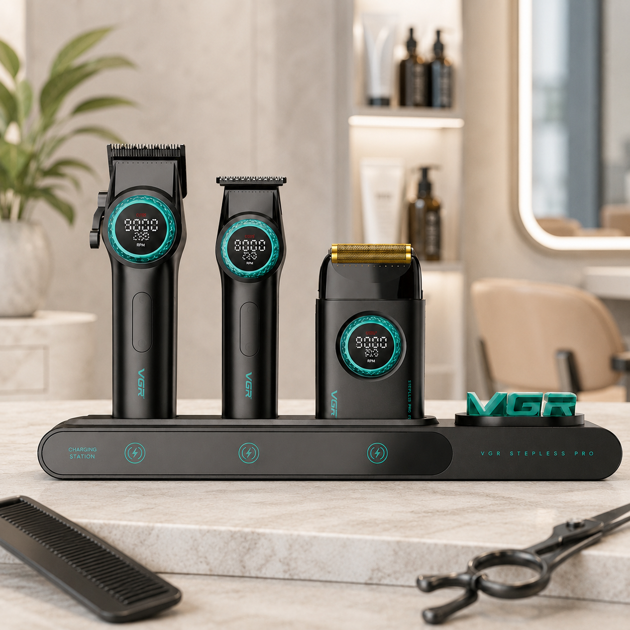 Професійний набір для барберів VGR Stepless Pro 3 in 1 BLACK / Чоловічий комплект для стрижки VGR