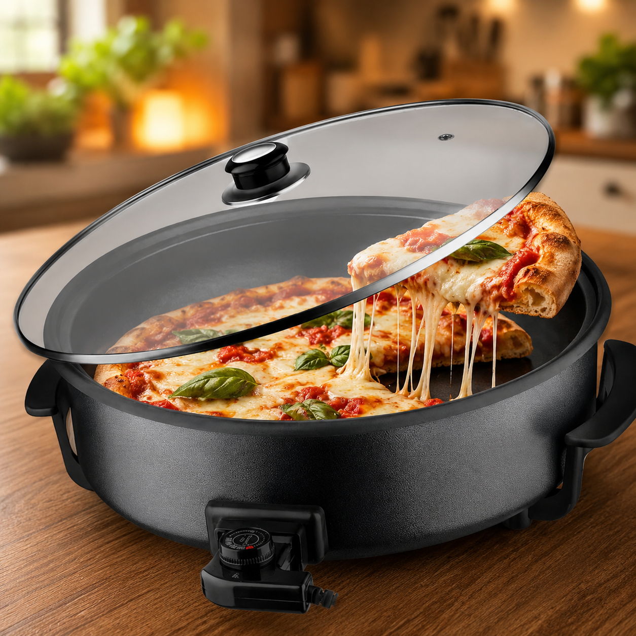 Сковорода для піци Pizza pan R.5405 RAF / Електросковорода для піци з антипригарним покриттям / Сковорода з кришкою та термостатом 1500W