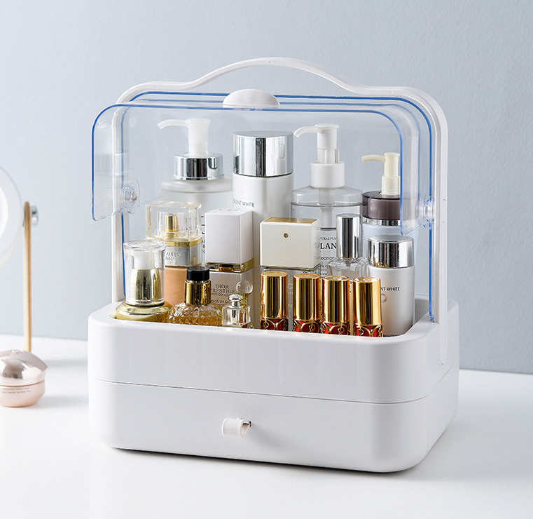 Органайзер для косметики Cosmetic Storage Box · Настільний переносний бокс – стійка для зберігання косметики з ручкою, білий/рожевий/зелений