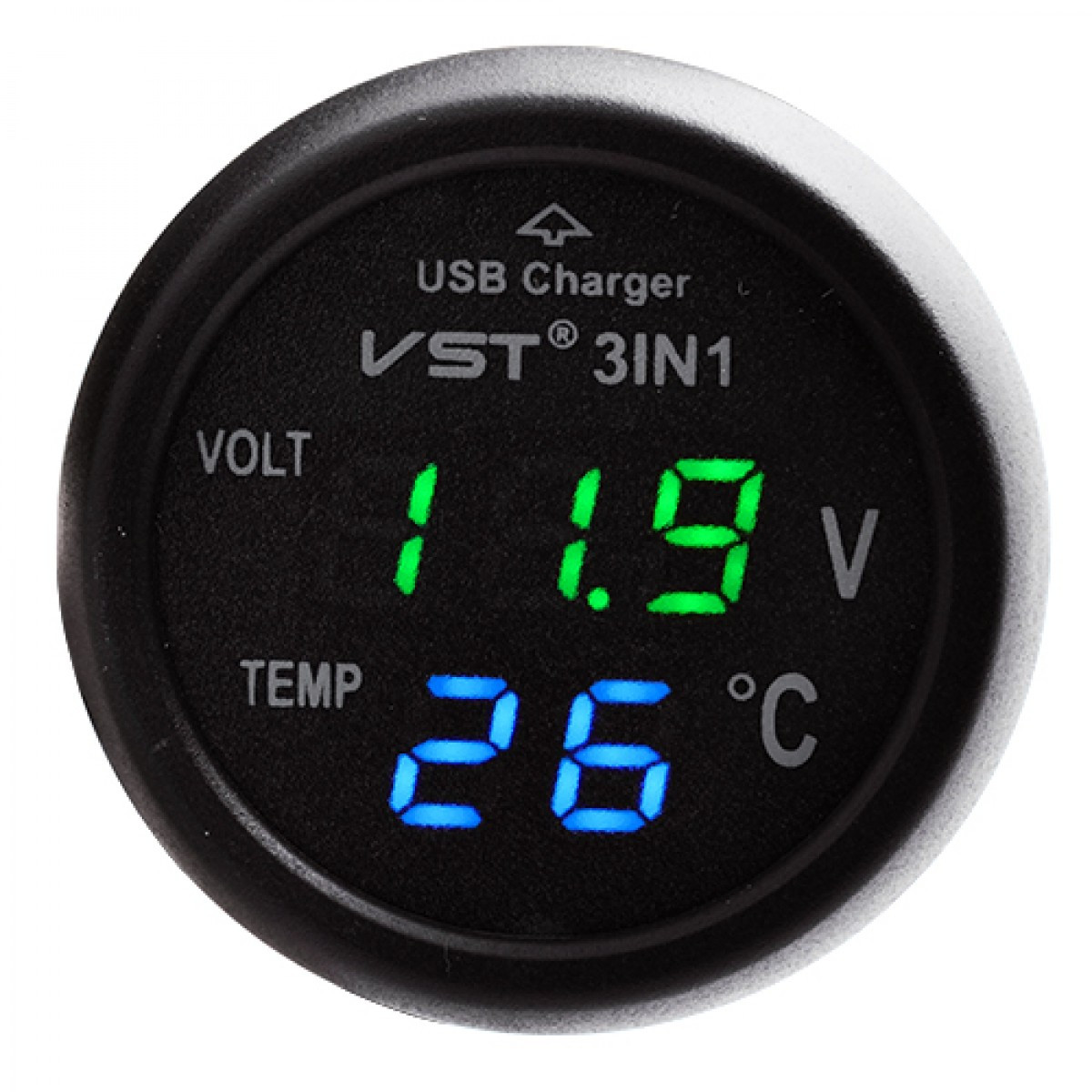 Автомобільний термометр – вольтметр із зарядним пристроєм USB 3 в 1 VST 706-4 у прикурювач авто 12-24В ∙ Зелені/сині цифри