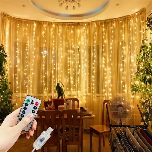 Гірлянда штора «Завіса» 3×6 м 600 LED USB з пультом, теплий білий ∙ Світлодіодна штора MA743 3×6 м з теплим білим світінням