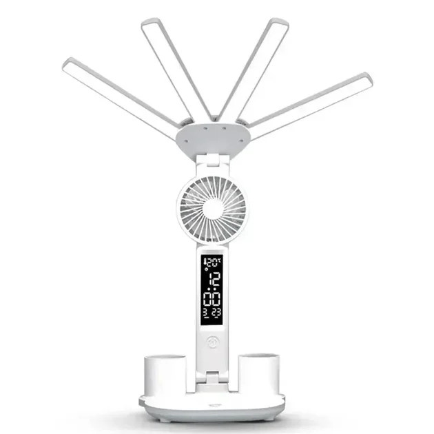 Настільна LED-лампа KRX-1011 з вентилятором, годинником і підставкою • Акумуляторний світильник із дисплеєм, сенсорним керуванням і 3 режимами світла для роботи, навчання та дому