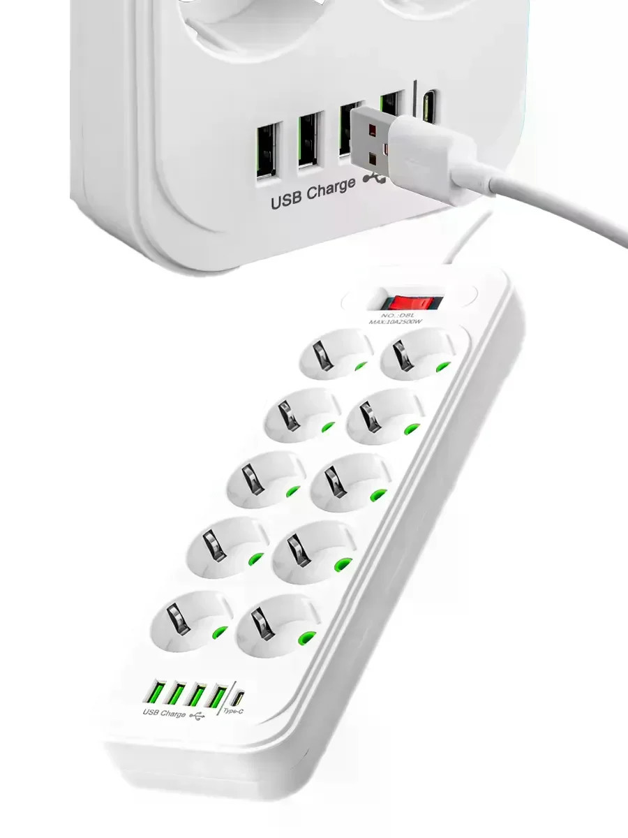 Мережевий подовжувач-фільтр PNS-02/D10 білий 5 м з LED-індикатором, 4 USB і PD Type-C • Розгалужувач живлення 10–220V для дому, офісу та техніки
