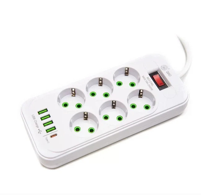 Мережевий подовжувач-фільтр PNS-03/D6 білий 3 м з LED-індикатором, 4 USB і PD Type-C • Розгалужувач живлення 6–220V для дому, офісу та заряджання гаджетів