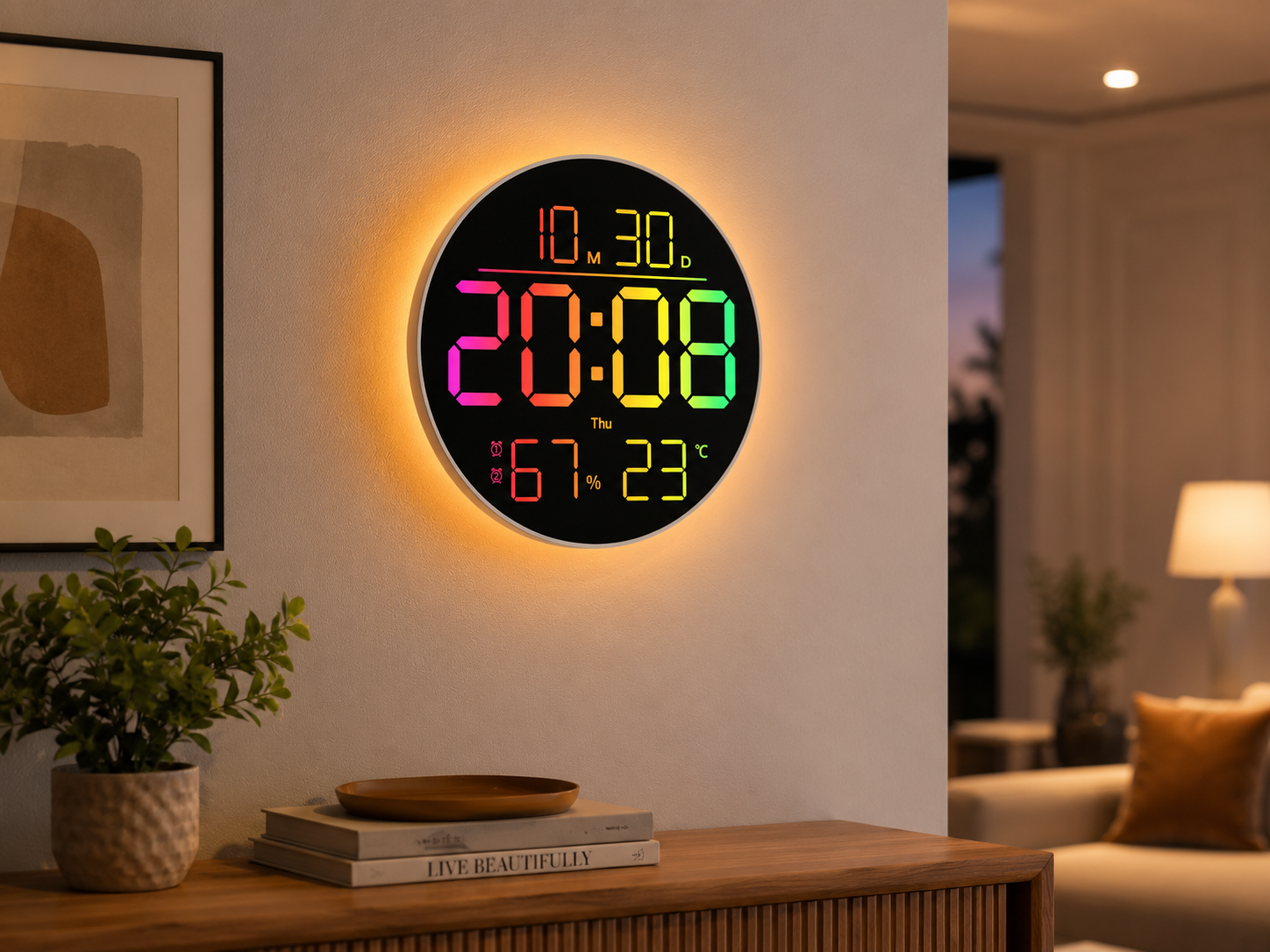 Годинник настінний 6695R / Настінний годинник круглі RGB з пультом / Календар, температура, вологість