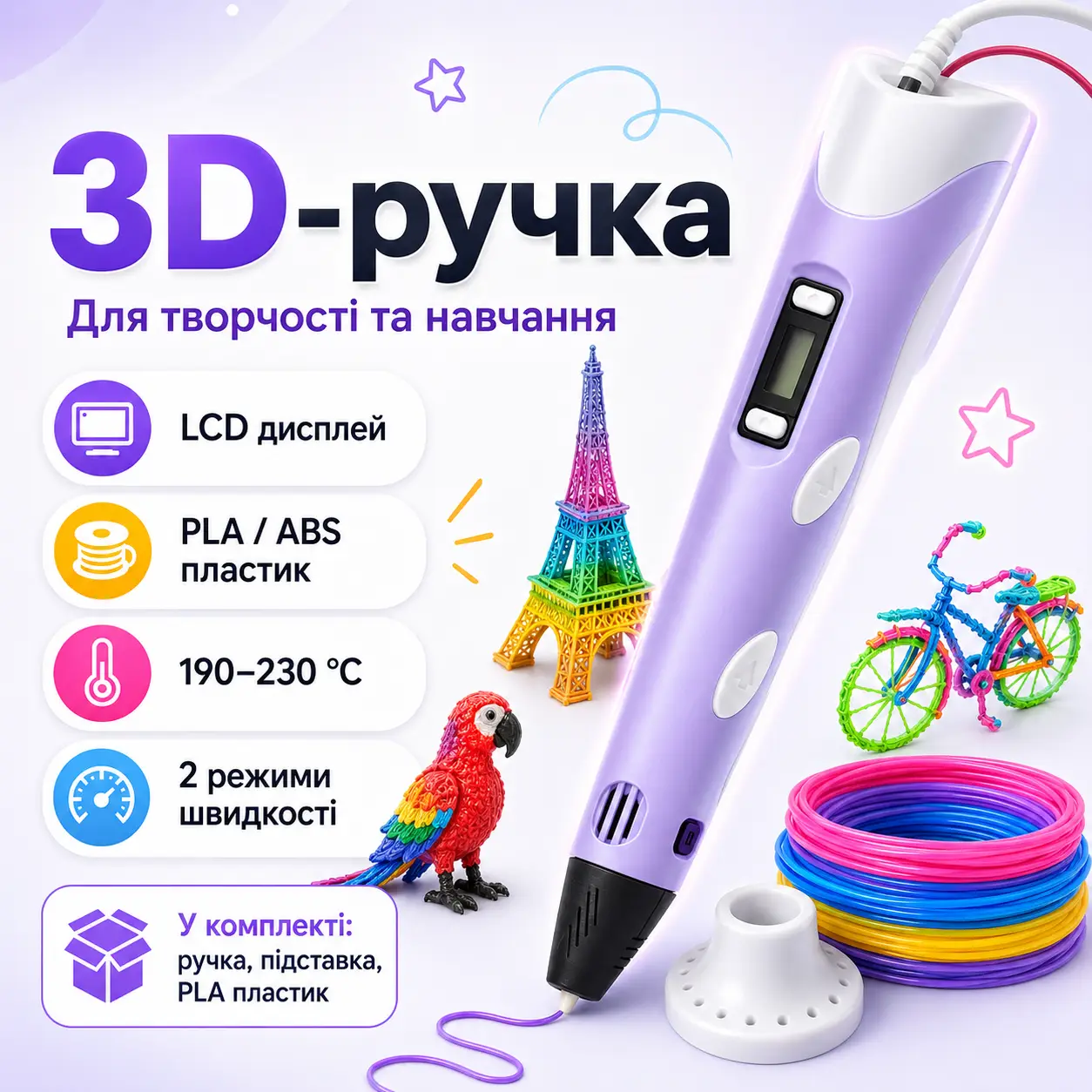 3D-ручка з LCD-дисплеєм Pen 2 3Д принтер для малювання ФІОЛІТОВА