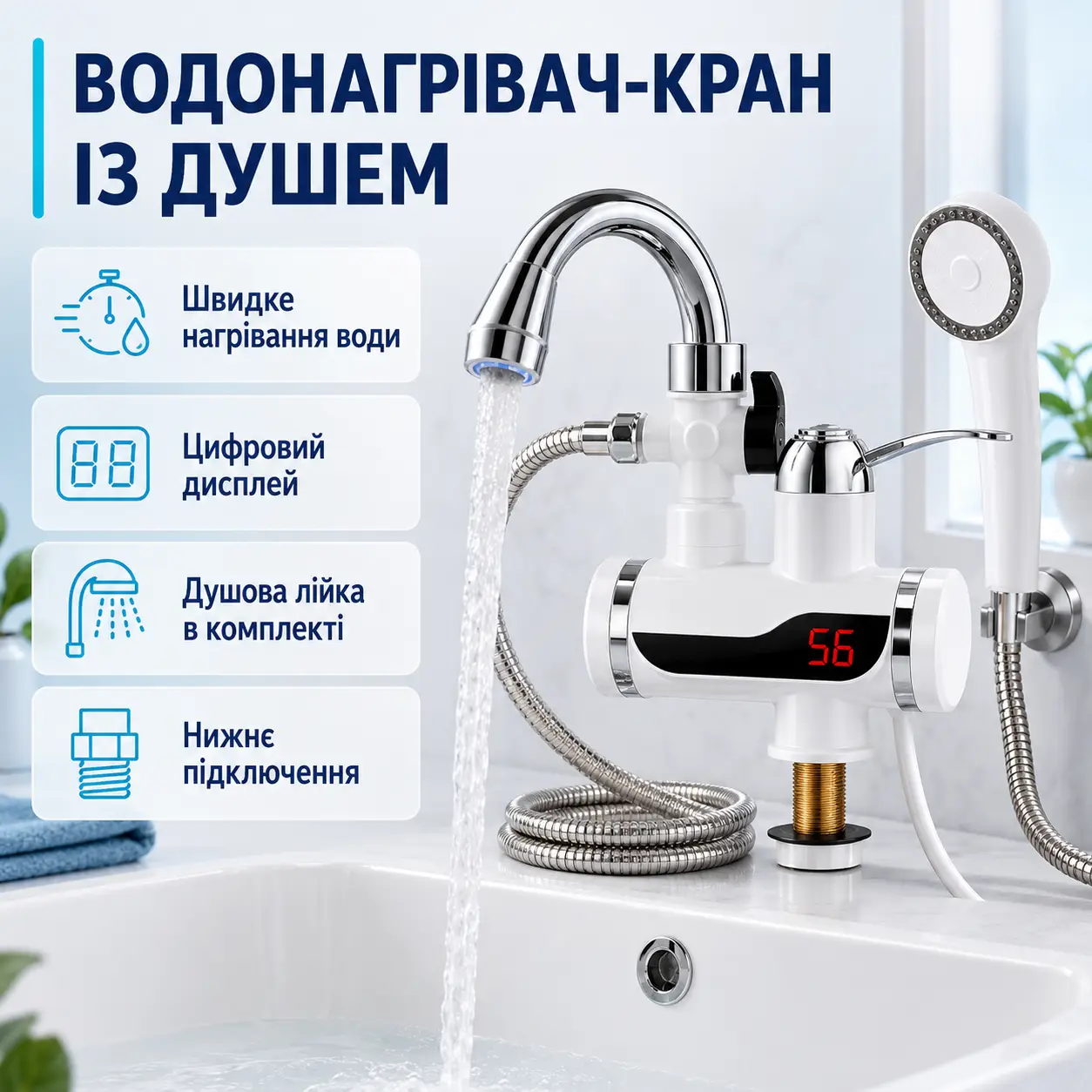 Проточний водонагрівач з душовою лійкою до 60°С, 3 кВт, Delimano Білий FT001/ Душ з підігрівом води / Водонагрівач з екраном