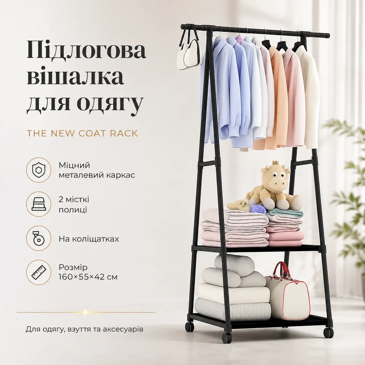 Пересувна підлогова вішалка для одягу THE NEW COAT RACK Чорний