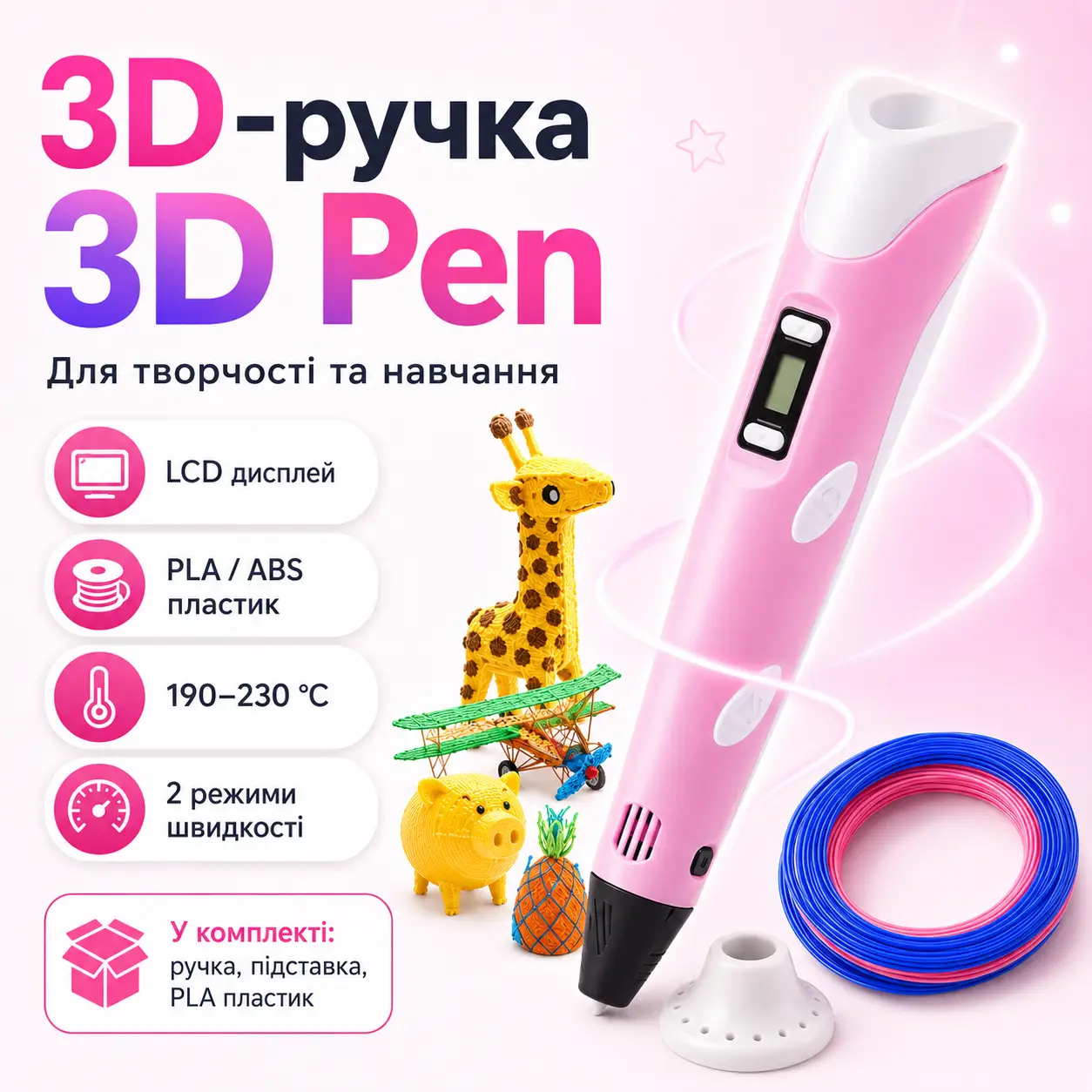 3D-Ручка 3Dpen З Lcd Екраном Повний Набір Пластик Рожевий