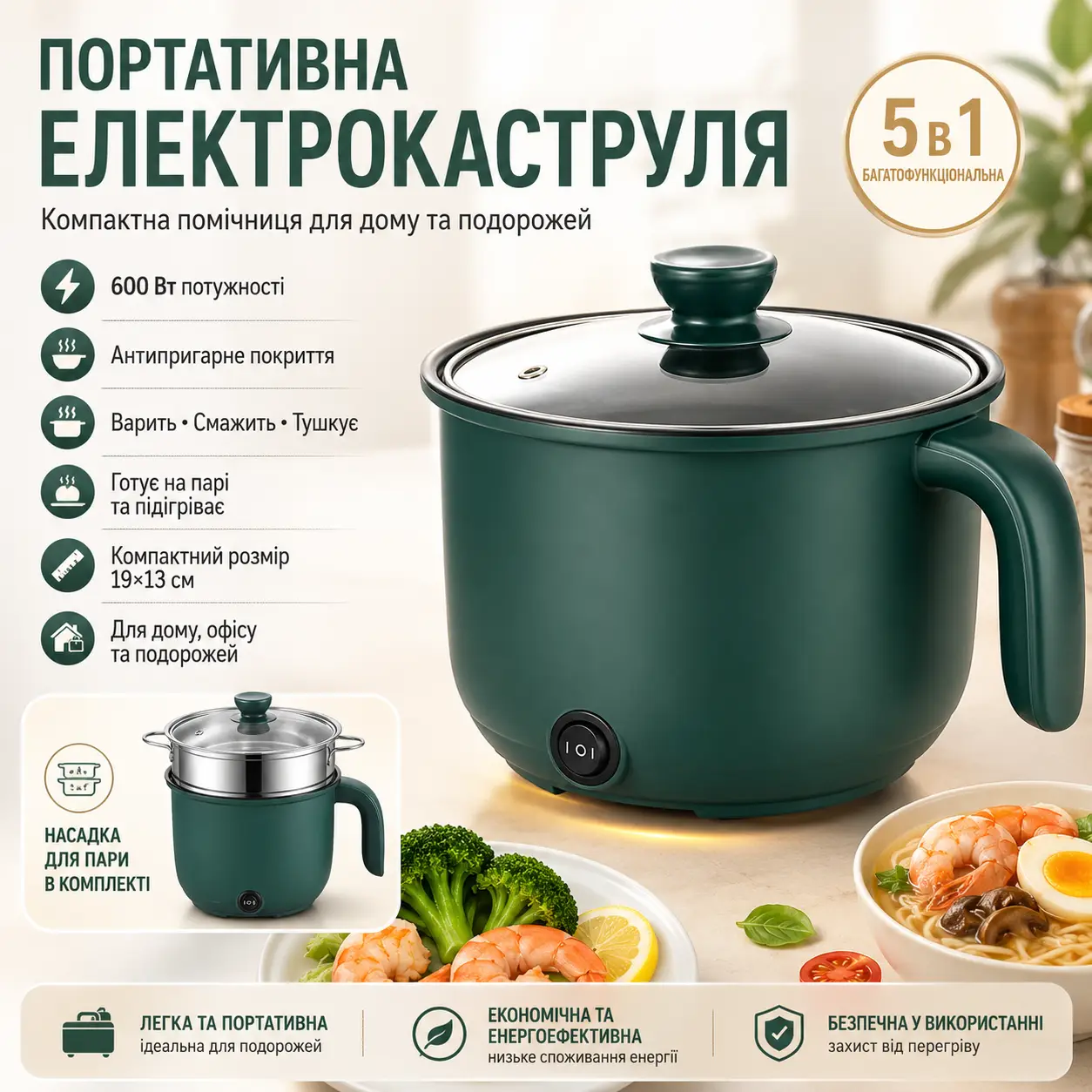 Каструля електрична 1,5 л багатофункціональна пароварка рисоварка з антипригарним покриттям