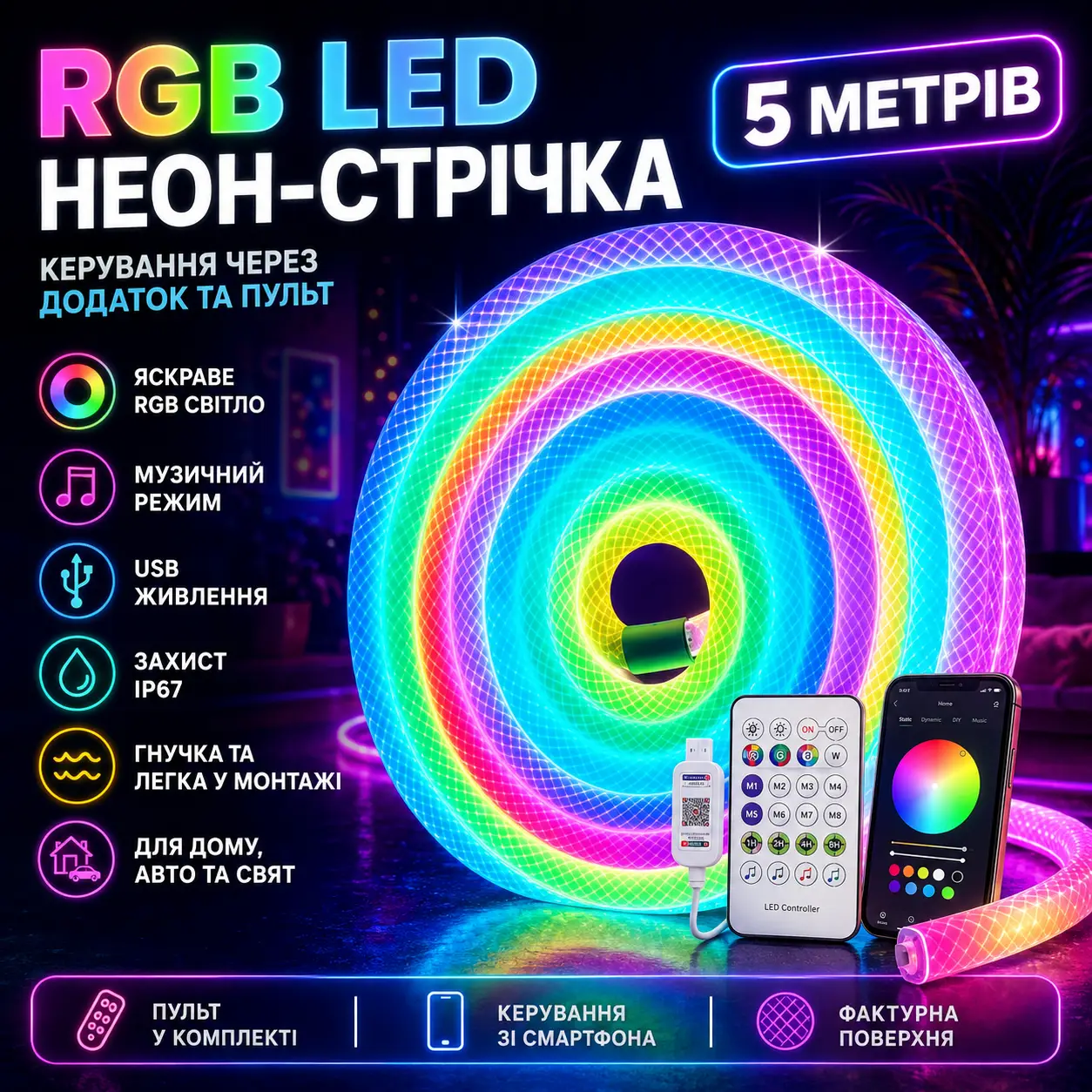 Неонова LED RGB стрічка 5 м із лускатим покриттям і керуванням через застосунок, пульт