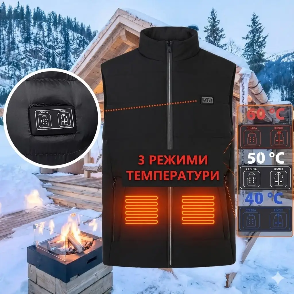 Жилетка з підігрівом із коміром Розміру L Жилетка з 9 зонами нагрівання та 3 режимами регулювання температури