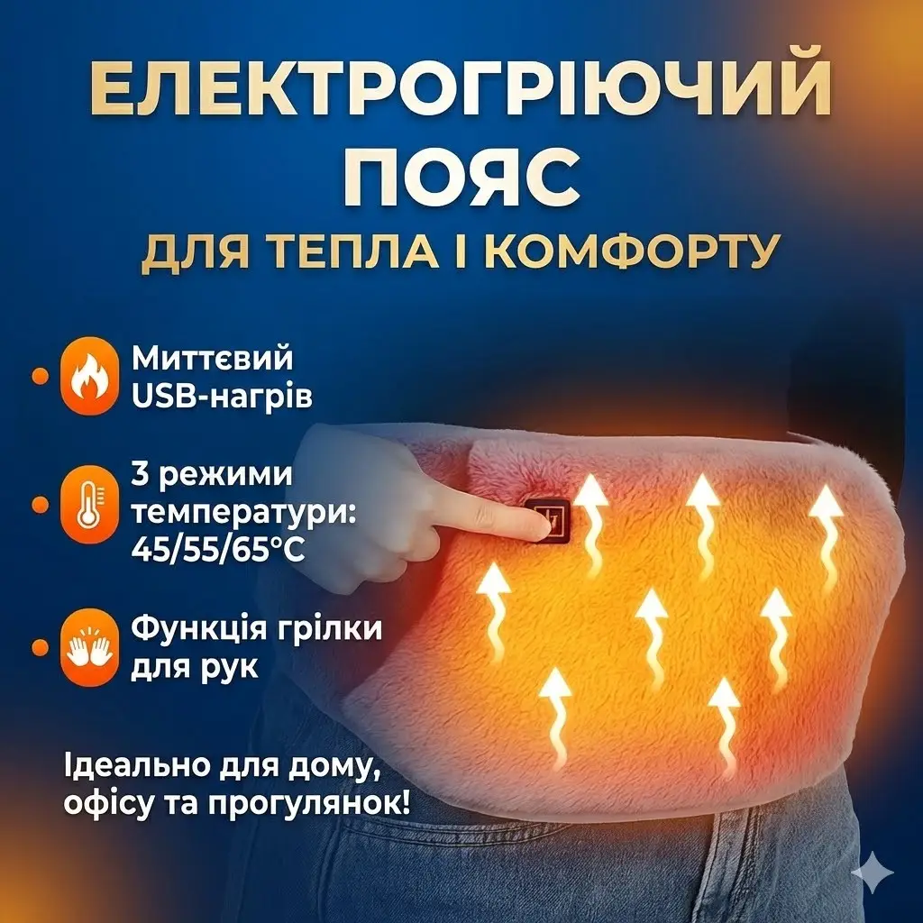 Електропояс із підігріванням USB 105×20 см, графенове нагрівання, 3 режими, портативний, сірий