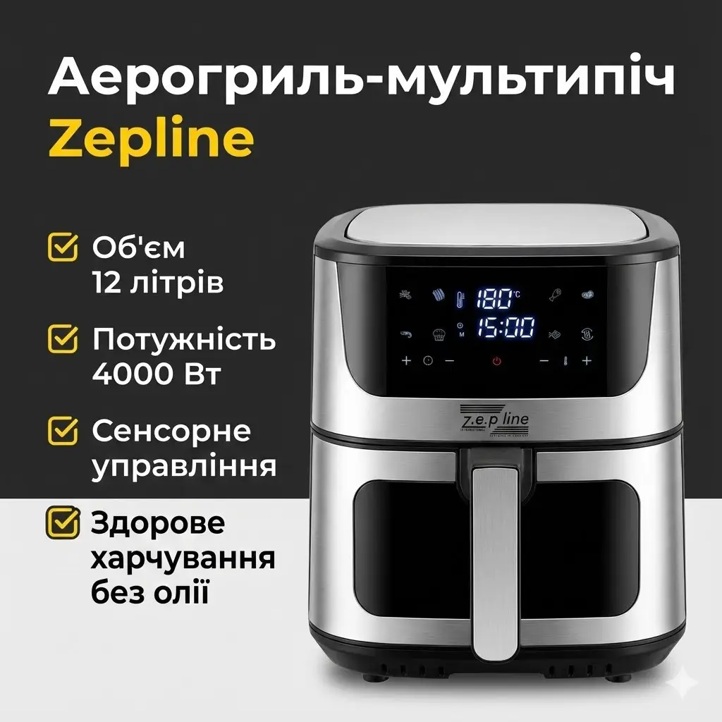 Мультипіч аерогриль Zepline ZP-127, 12 л, 4000 Вт, 12 програм, сенсорне керування