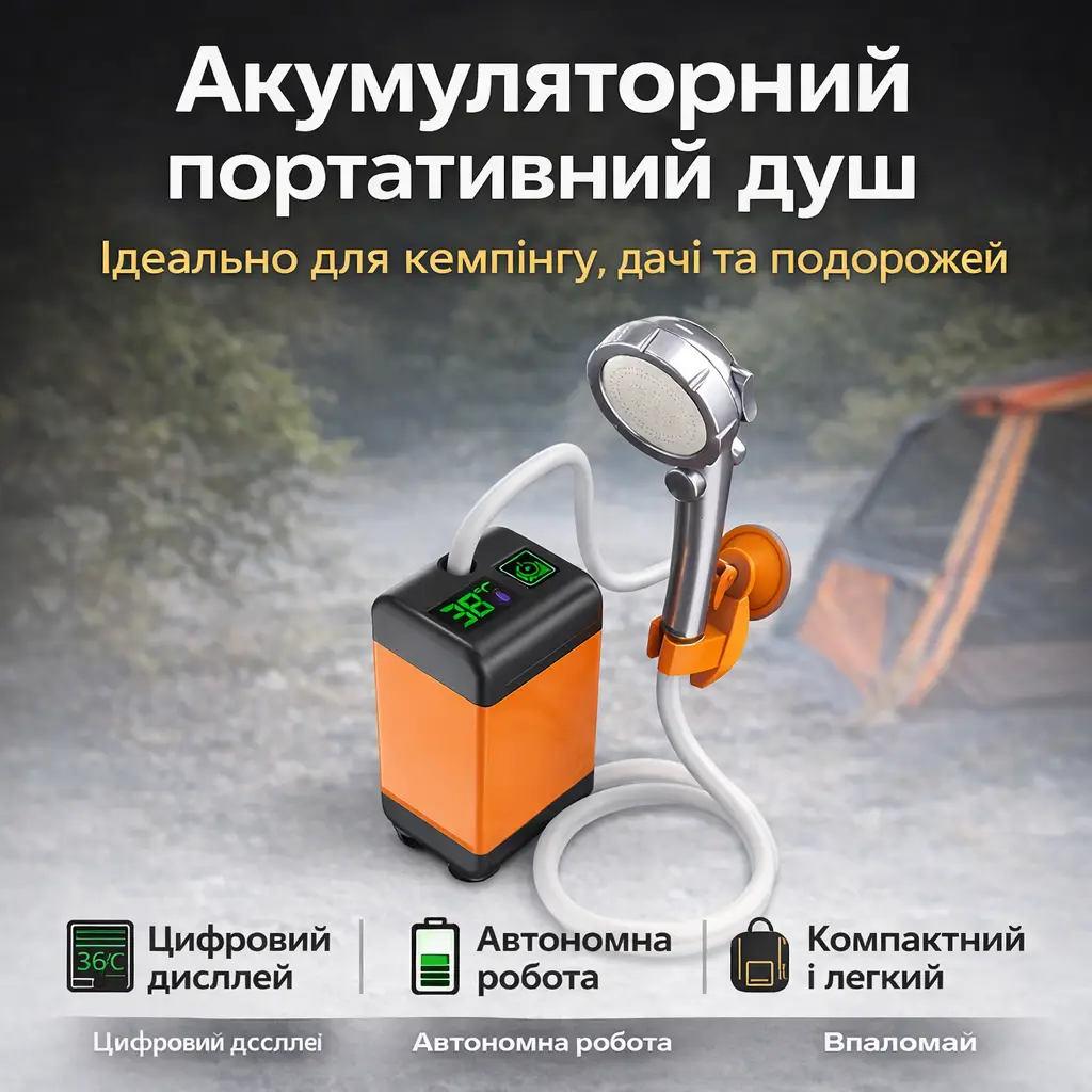Портативний душ 3.7 В з дисплеєм температури, фільтром і регулюванням напору