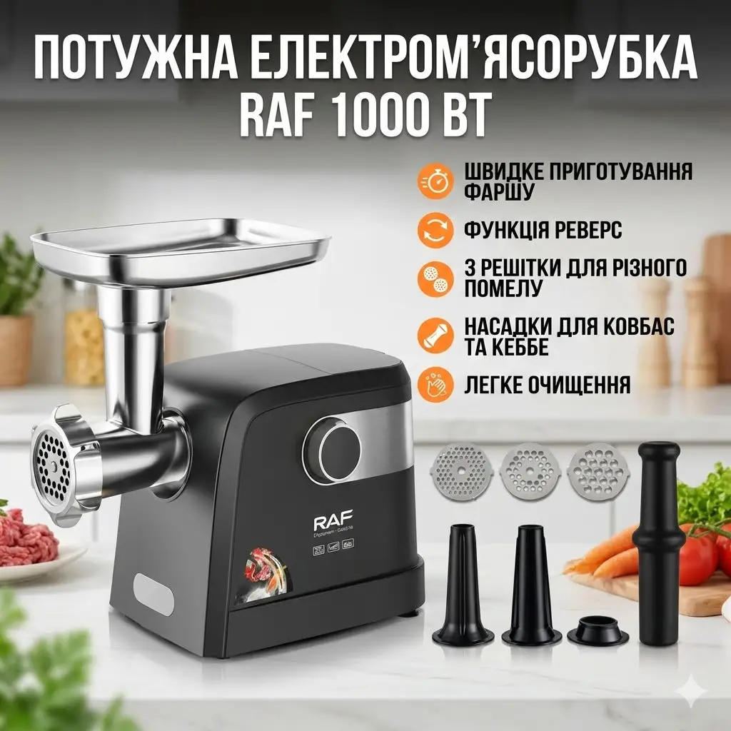М'ясорубка електрична RAF R3362 1000 Вт потужна з реверсом 3 решітки насадка для ковбас кебе захист від перевантаження продуктивни