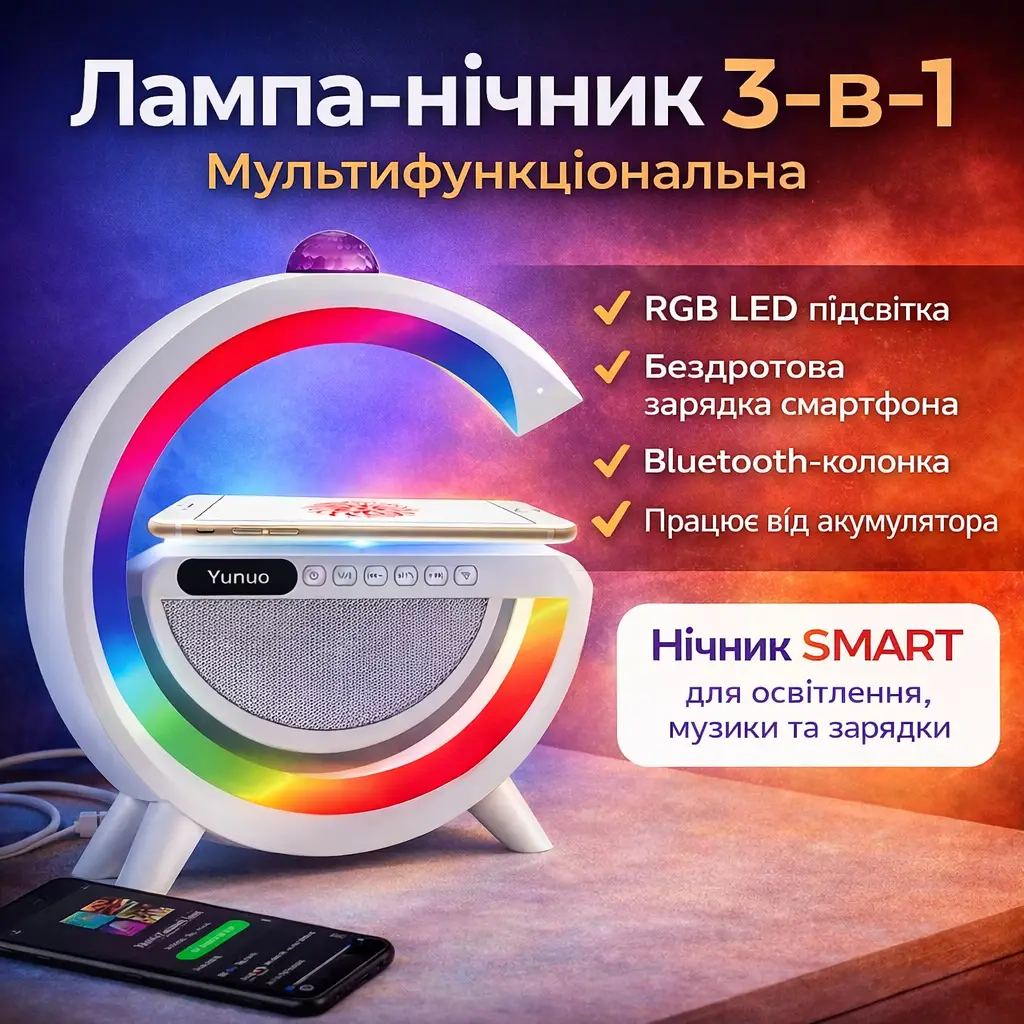 Лампа-нічник із бездротовою зарядкою, Bluetooth-колонкою і RGB LED-підсвіткою 15 Вт + дискокуля, YN-2366