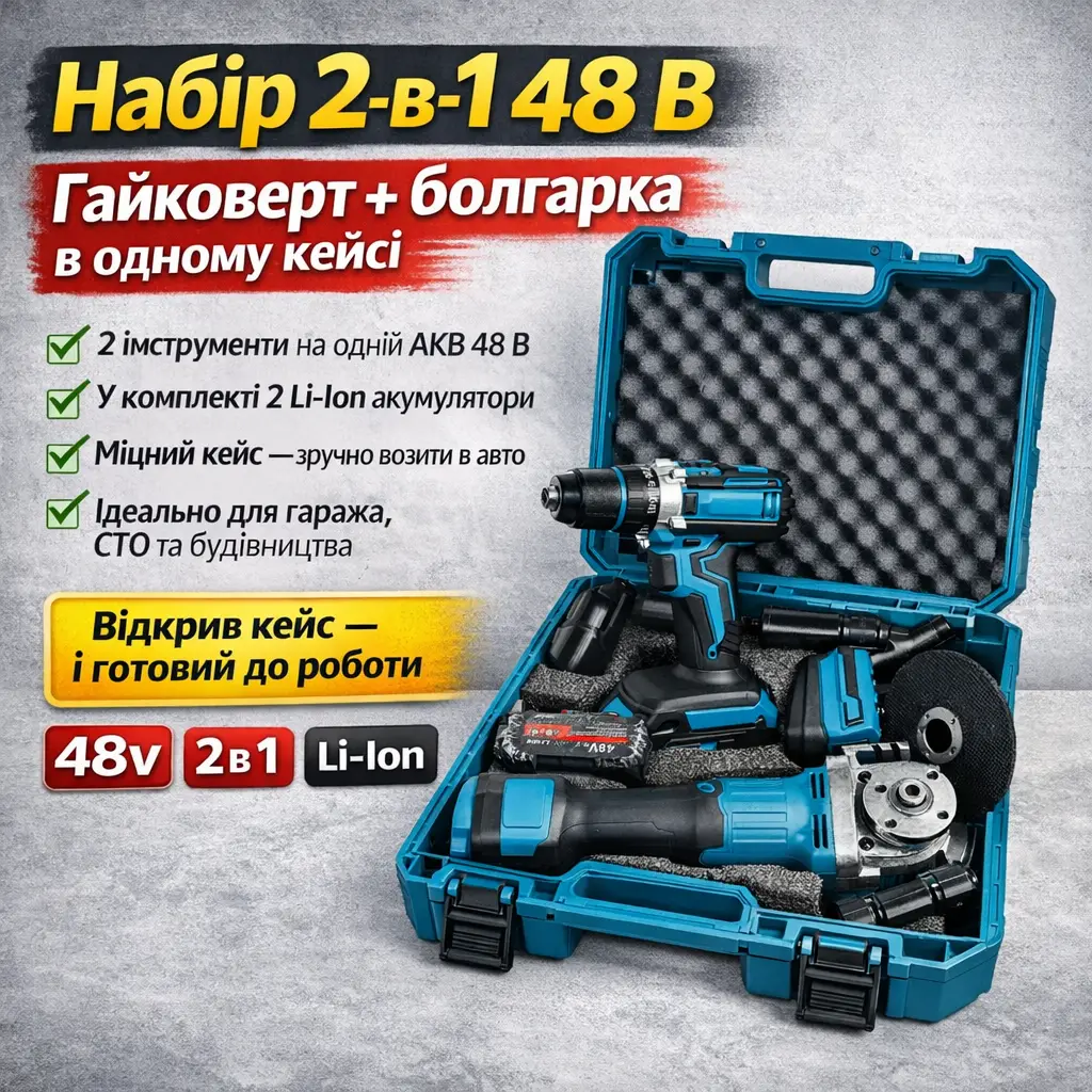 Набір 2 в 1 акумуляторний гайковерт + кутова шліфмашина Jitrex X331, 48V, Li-Ion, 2 акумулятори, кейс, синій