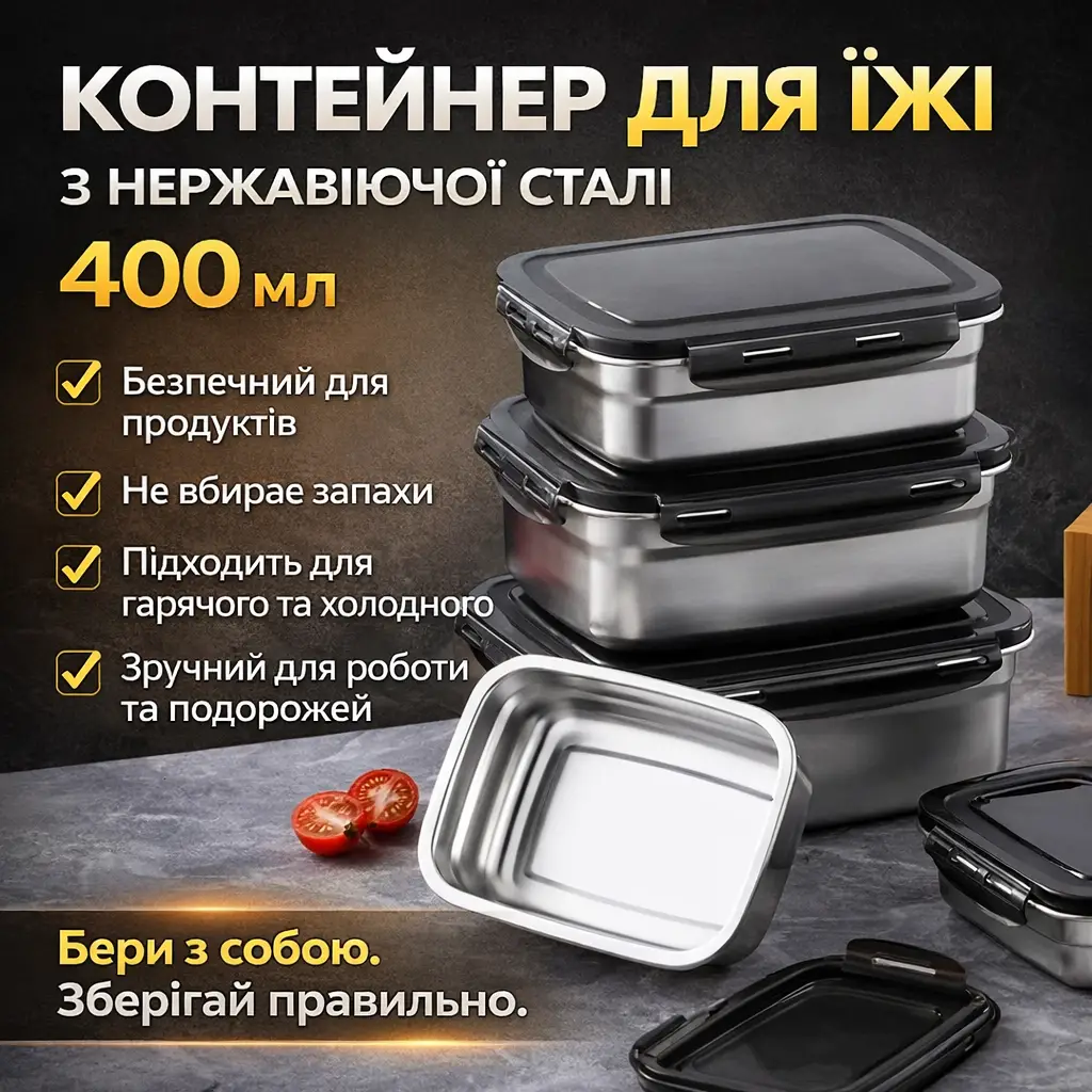 Термоланчбокс для їжі з неіржавкої сталі 400 мл 20687-11 — Герметичний харчовий контейнер для обідів