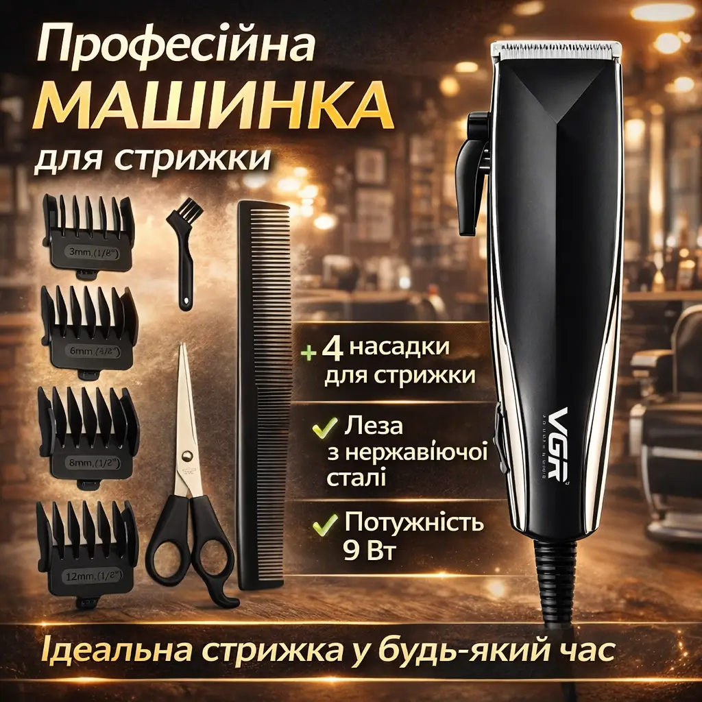 Професійна машинка для стриження волосся + 4 насадки, VGR V-033 / Чоловічий тример